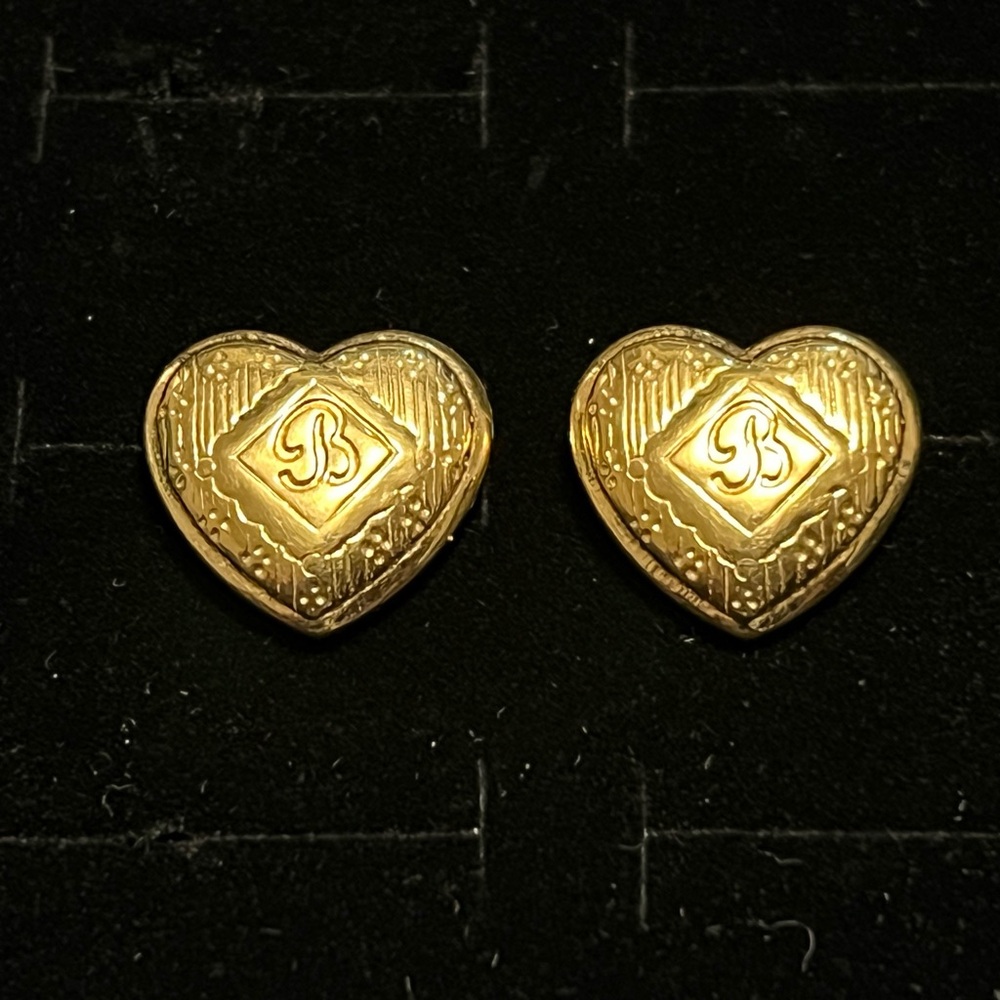 Gold toned Heart Stud Earrings with Embossed 'B' Detail